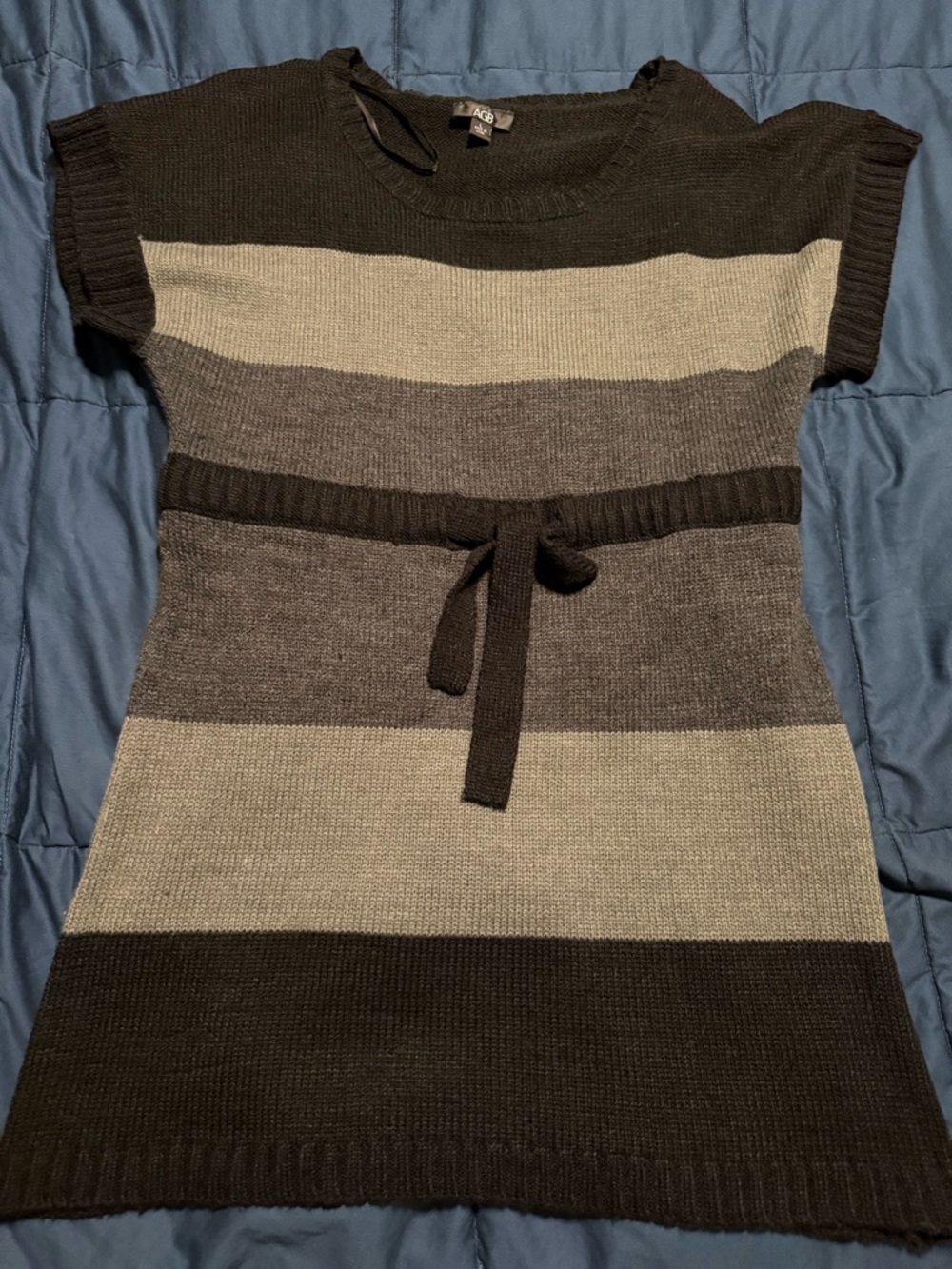 AGB Striped Knit Belted Sweater Dress - Black/Gray